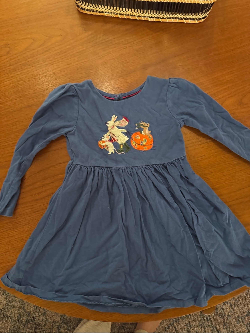 Mini Boden Blue Long-Sleeve Dress with Embroidered Bunny and Pumpkin